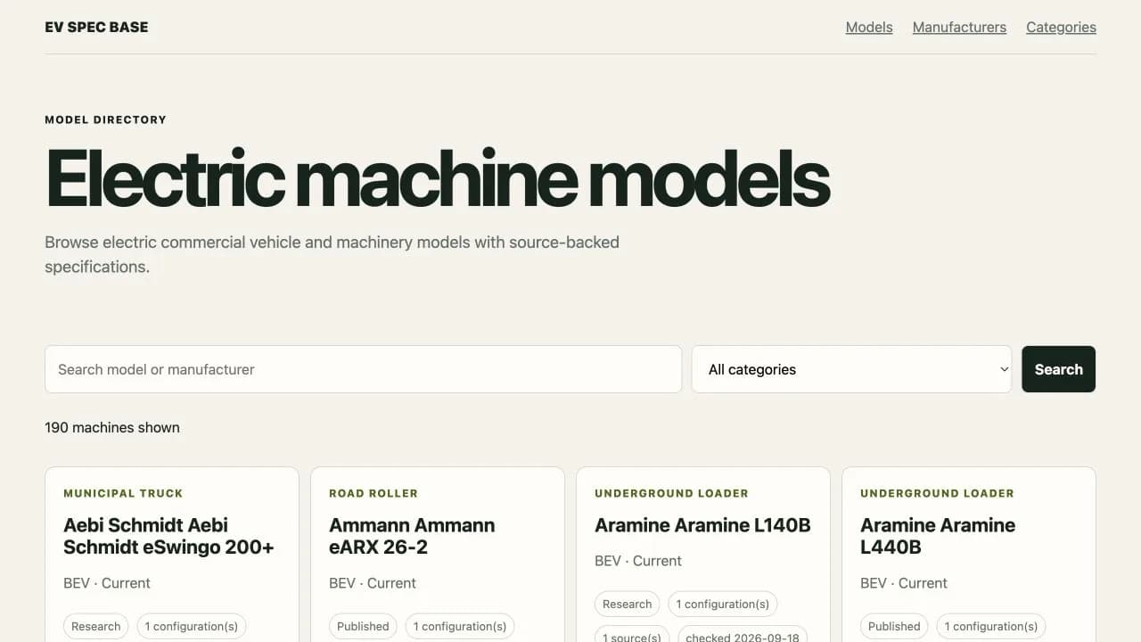 EV Spec Base: Electric Commercial Vehicle & Machinery Catalog