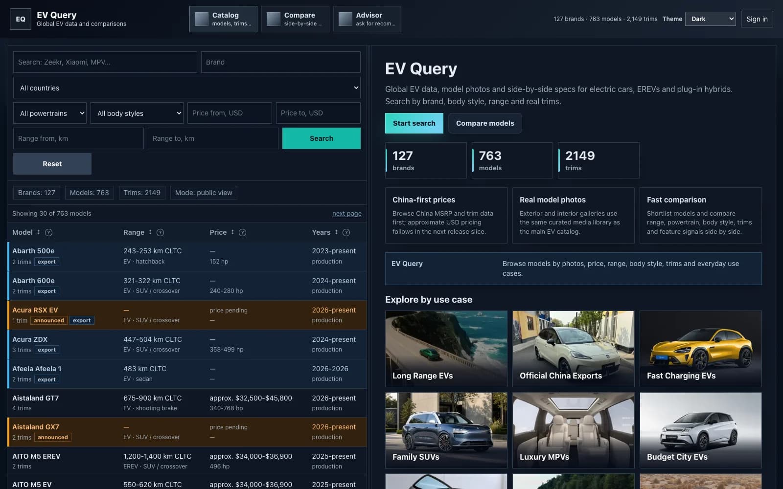 EVQuery.com: China EV Specs and Comparisons